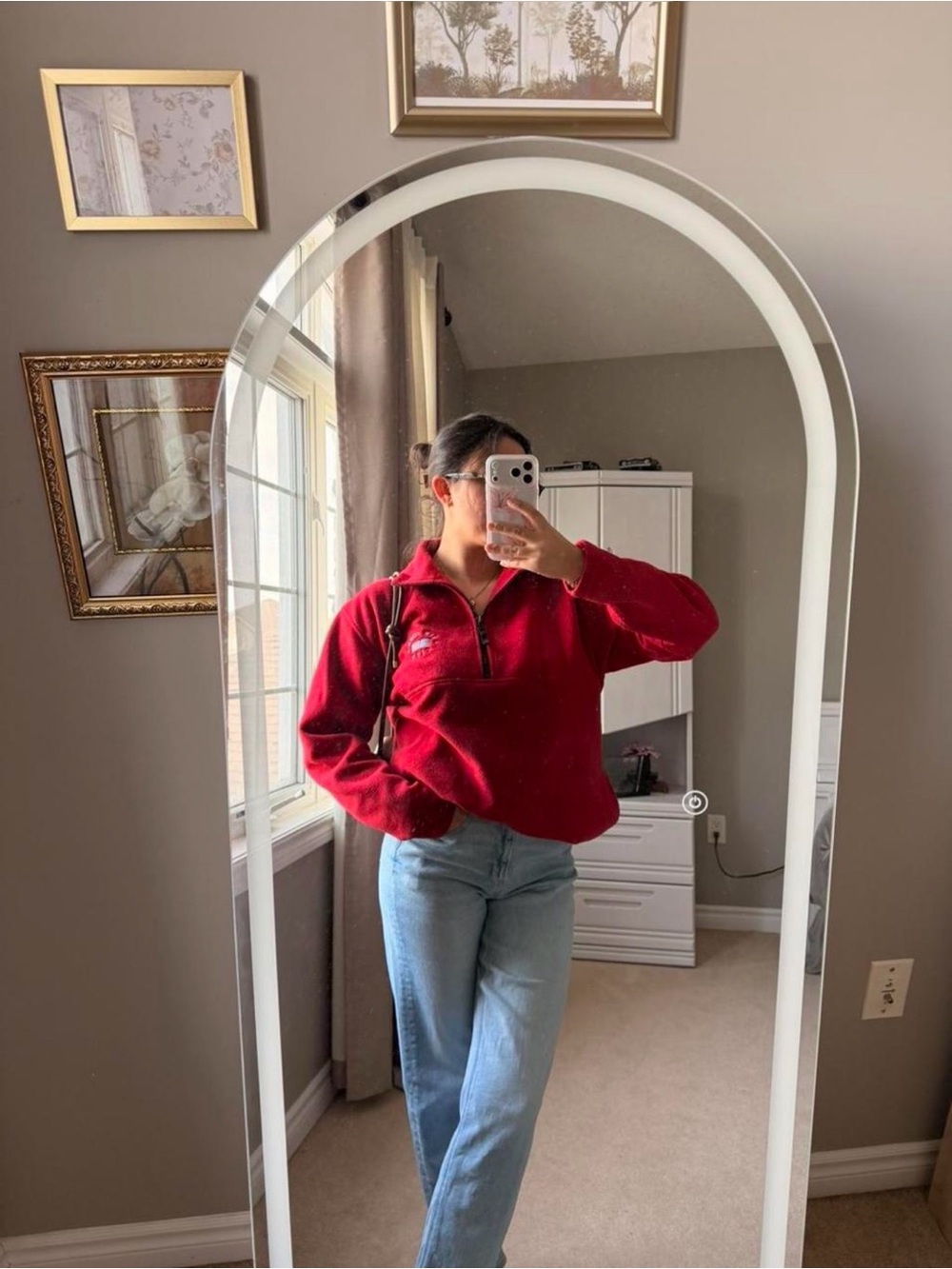 Vintage Inspired Red Half-Zip Fleece Pullover Sweater